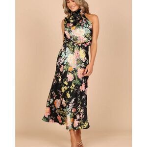 Petal & Pup ANABELLE HALTER NECK MIDI DRESS BLACK FLORAL Large Nwot